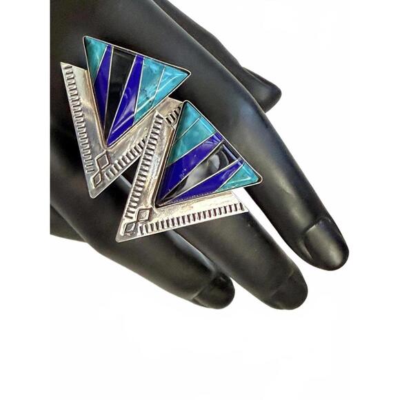 VTG SUNWEST 925 Silver Turquoise Lapis Onyx Inlay Earrings Southwestern - Picture 2 of 7